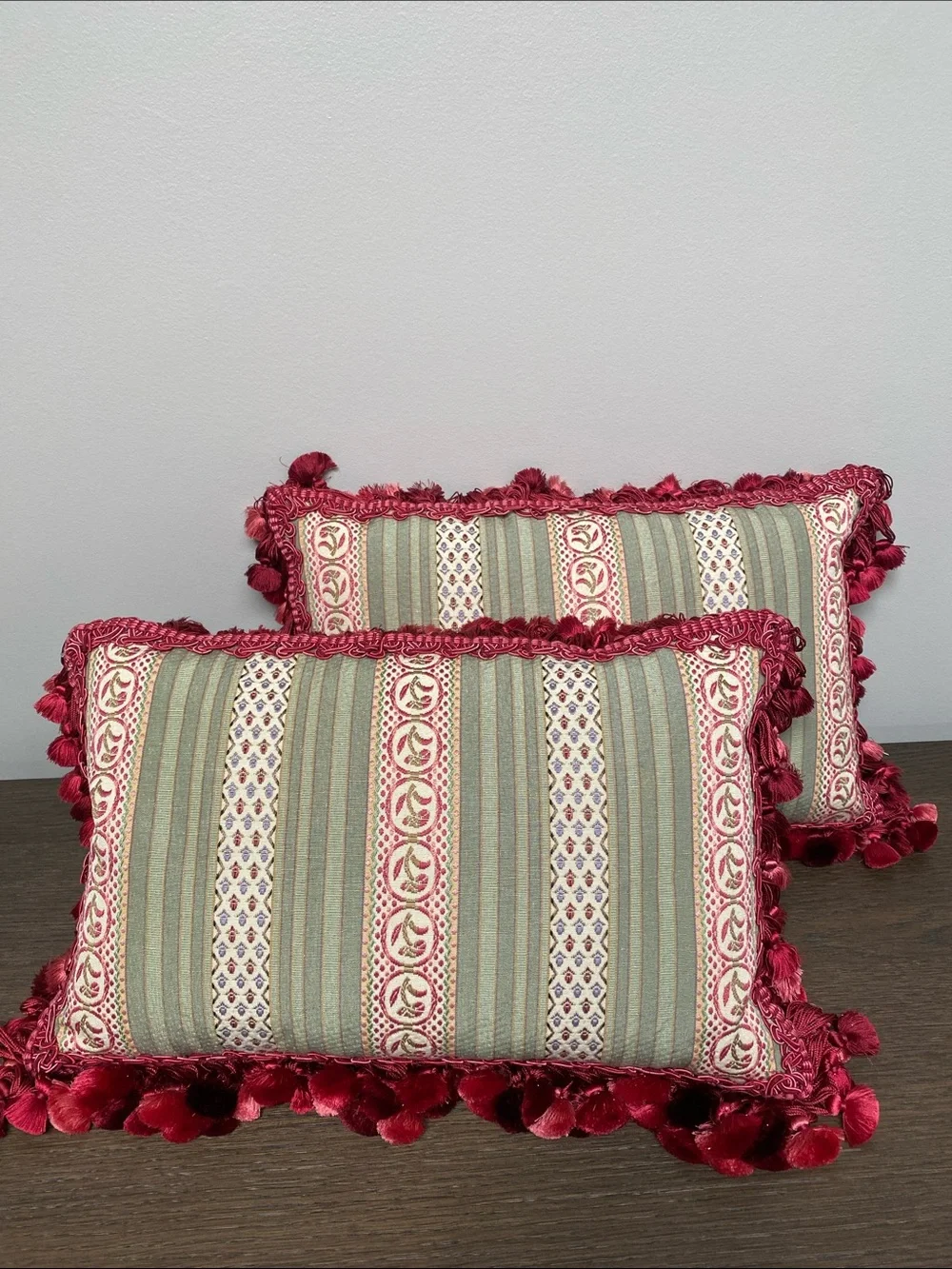 Custom Striped Down Accent Pillows in Sage Green and Burgundy red tassel